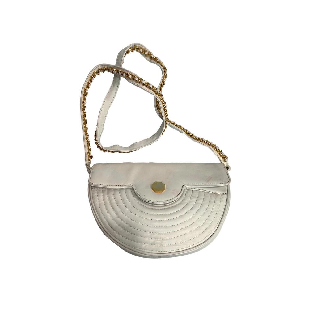 80s 90s White Leather Semi Circle Shoulder Bag Gold Chain Accents